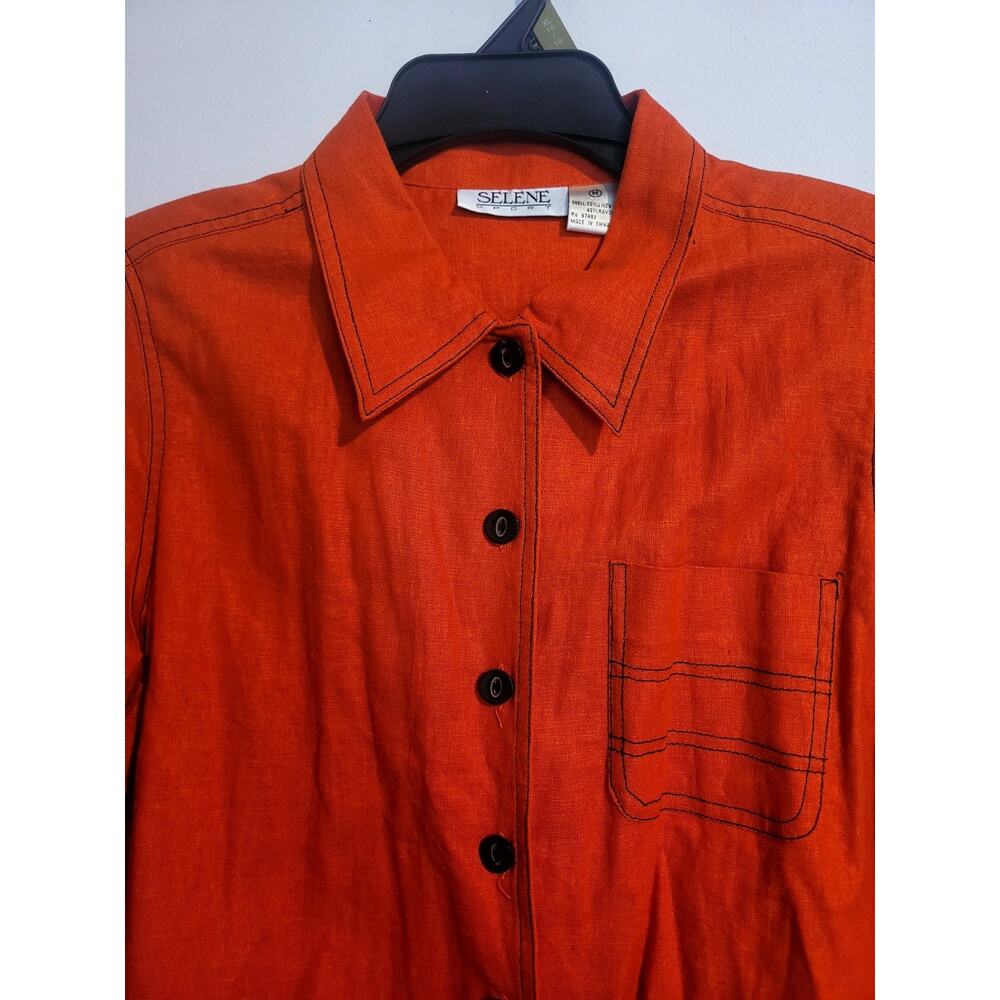Selene Sport Linen Blend Button Up Orange Top Womens M Contrast Stitch| Relaxed - Picture 4 of 11
